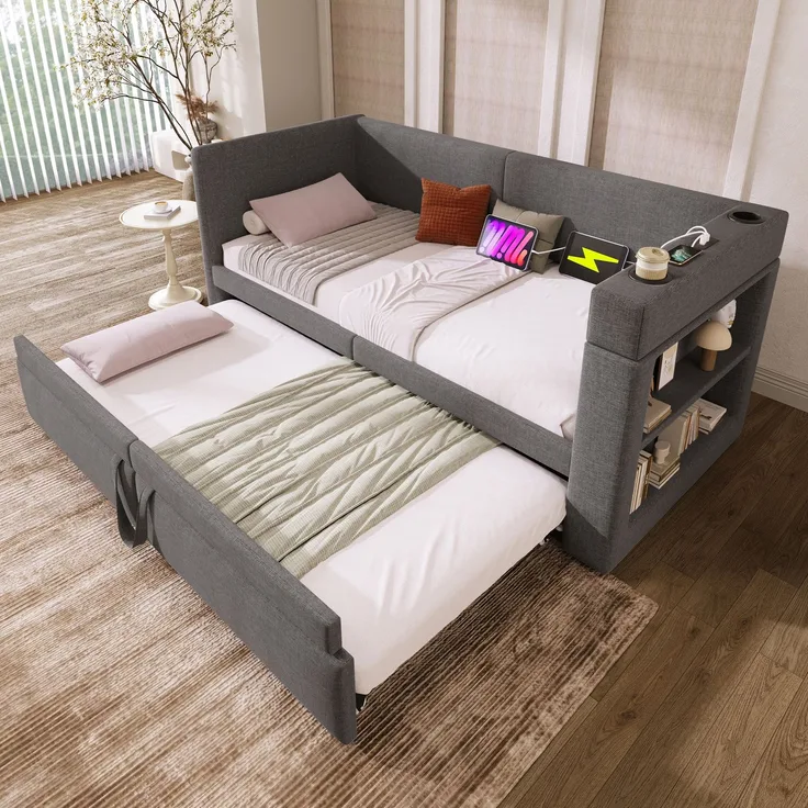 Schlafsofa 90x200 cm Ausziehbett mit Armlehne, USB/Typ-C Ladebereich, Getränkehalter & Stauraum