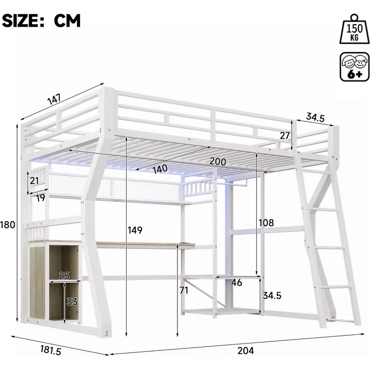 EINHOM Hochbett, 140 x 200 cm, Eisenrahmen, mit Lichtleiste, Steckdose, Kleideraufhängebereich, Schreibtisch, Staufächer, Ablageböden, Offener Raum unter dem Bett, Weiß (Ohne Matratze) – Bild 2