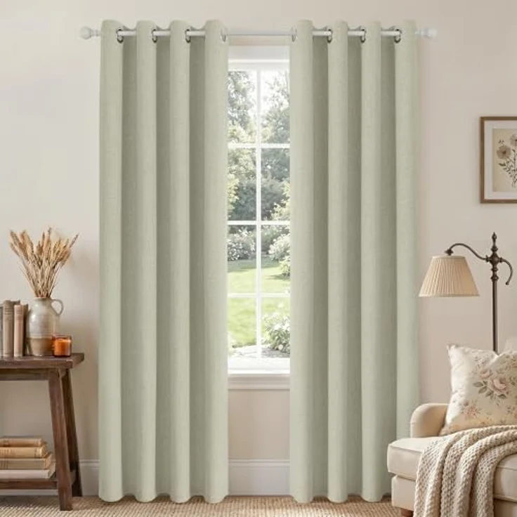 Joydeco Verdunkelungsvorhänge aus 100% Leinen, 183 cm lang, 2 Paneele, wärmeisolierter Jute-Vorhang und Vorhänge, Ösen, Raumverdunkelung, Wohnzimmer (106.7x182.9 cm, Hellbeige) – Bild 1