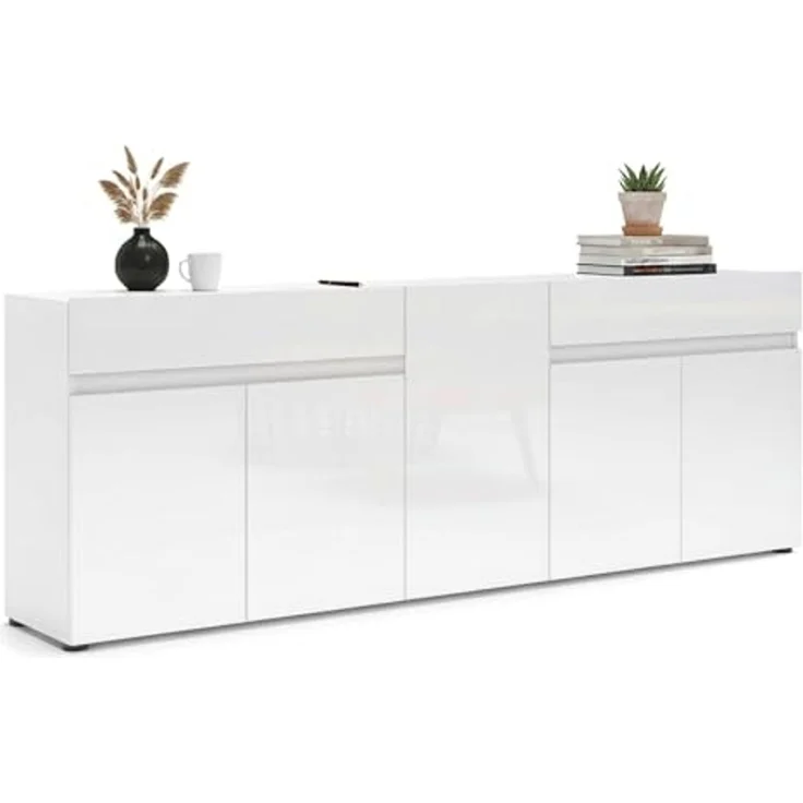 Dmora - Kommode Bethal, Wohnzimmerbuffet, Wohnzimmer-Sideboard, Moderne Küchen-Speisekammer, Made in Italy, 225x38h79 cm, Glänzendes Weiß – Bild 3