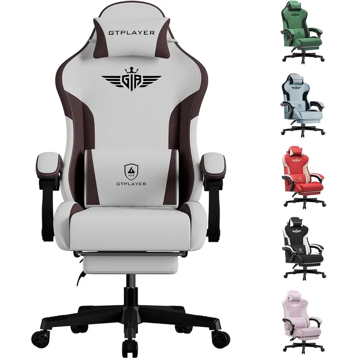 GTPLAYER Gaming Stuhl, Ergonomischer Gamer Stuhl aus Stoff mit Lendenwirbelstütze, PC-Stuhl mit verbreiterter Rückenlehne, Belastbar bis 150 kg, Braun