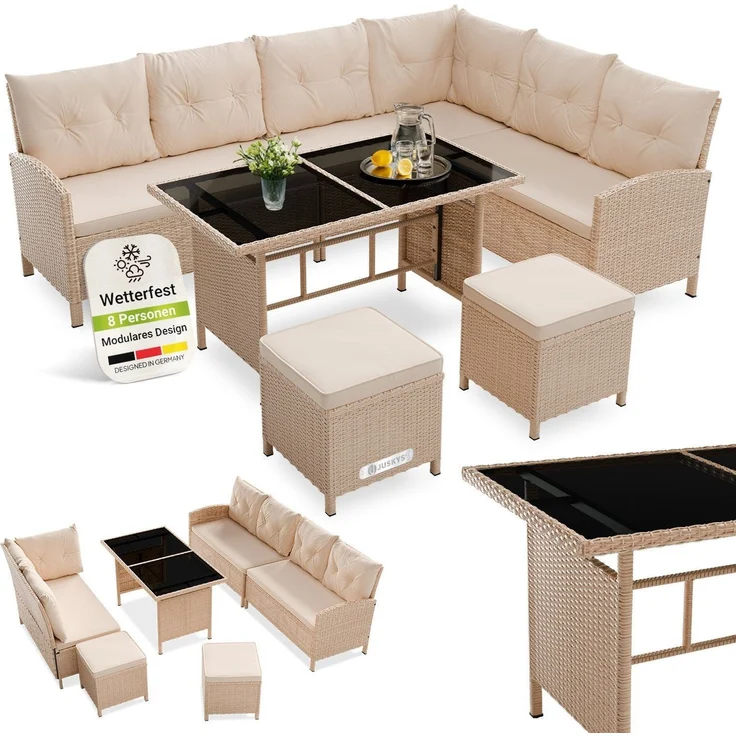 Juskys Polyrattan Lounge Manacor creme – Gartenlounge mit Sofa, Tisch, 2 Hocker & Kissen – Gartenmöbel Set bis 8 Personen – Sitzbezüge in Sand – Bild 1