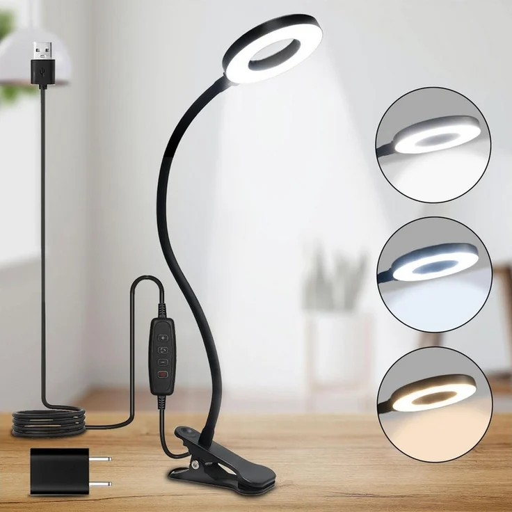 LQWELL LED Klemmleuchte Ringlicht, Clip-On, 3 Farben, dimmbar, emmleuchten Leselampe Buch, LED fest integriert, 3000K Warmweiß, 4500K Naturweiß, 6500K Kaltweiß, flexibler Schwanenhals, USB, Schlafzimmer Deko – Bild 1