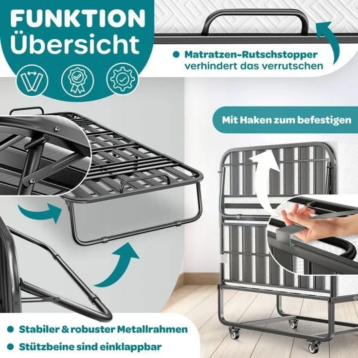 KESSER® Klappbett 200x90cm Gästebett inkl. Matratze aus Memory-Schaum & Rollen | faltbares Reisebett mit Metallrahmen für Erwachsene belastbar bis 250kg | Metallbett mit Schaumstoffmatratze & Cover Weiß, Premium Komfort – Bild 6