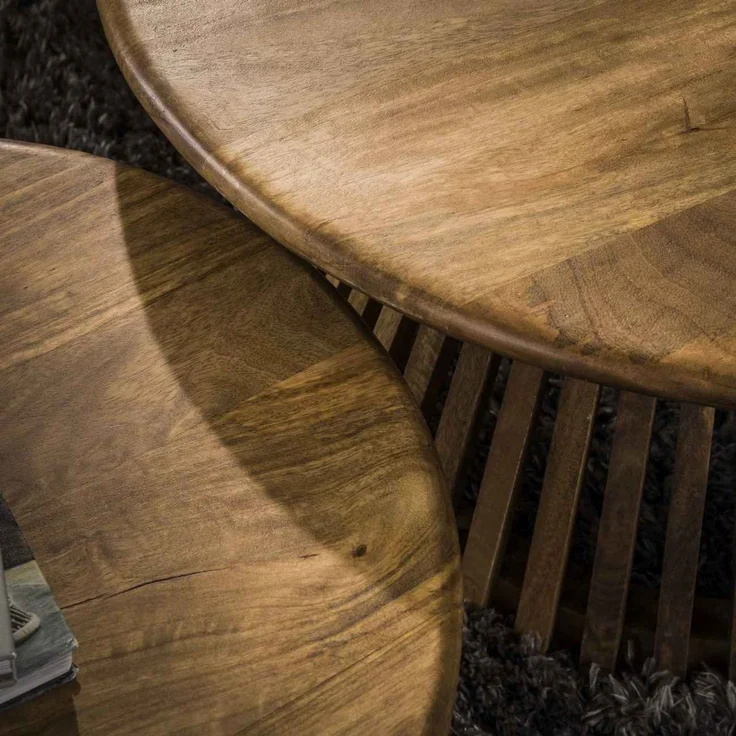 Couchtisch 2er-Set aus massivem Mangoholz, modernes Design, Braun, handgefertigt, rund – Bild 2