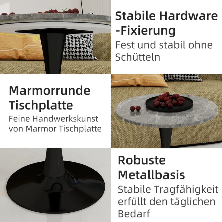 Novelux Runder Esstisch 70 cm – Couchtisch Schwarz Marmoroptik, Mid-Century Modern Tisch für 2-4 Personen, Dunkelgraue Maserung – Bild 3