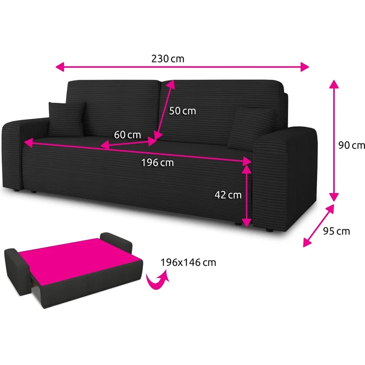 Schlafsofa Spark – Sofa mit Schlaffunktion und Bettkasten, Bonellfederkern, Cordbezug, große Schlaffläche, modernes Polstersofa & Bettsofa (Grau (Poso 110)) – Bild 5