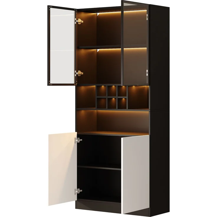 LED-Beleuchteter Glasvitrinenschrank, Küchenhochschrank 80×30×180 cm – Gehärtetes Glas, mit offenen Regalen, Platz für Flaschen und Geschirr, 2 Türen, Vielseitig geeignet für Wohnzimmer und Esszimmer--Schwarz--80x30x180cm--YOUDENOVA – Bild 6