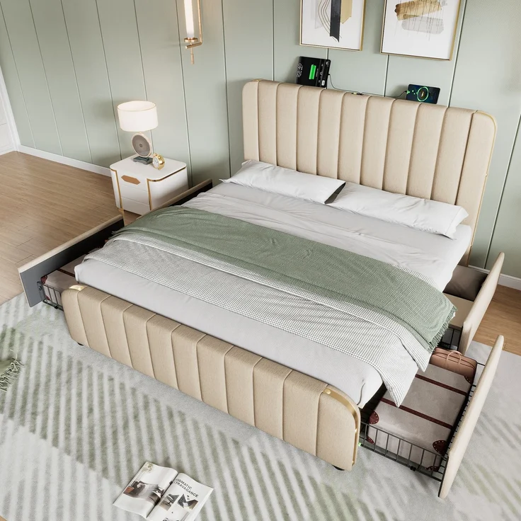 Polsterbett Doppeltes, gepolstertes Kopfteil mit goldenen Zierstreifen und ,USB Typ-C Ladefunktion 140*200 cm, Beige Leinen-Material mit 4 Schubladen ,Belastbarkeit 181 kg (Ohne Matratze) – Bild 1
