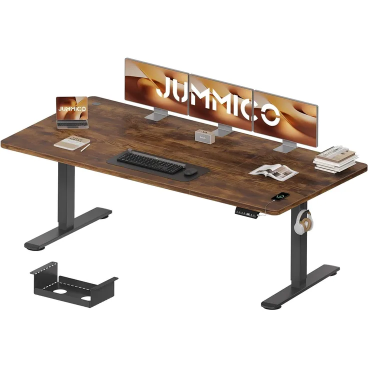 JUMMICO Höhenverstellbarer Schreibtisch 200x80 cm mit Kabelwanne, Höhenverstellbar Elektrisch Stehpult mit USB-Buchse, Computertisch, Ergonomischer Steh-Sitz Tisch, Bürotisch, Vintage-Braun