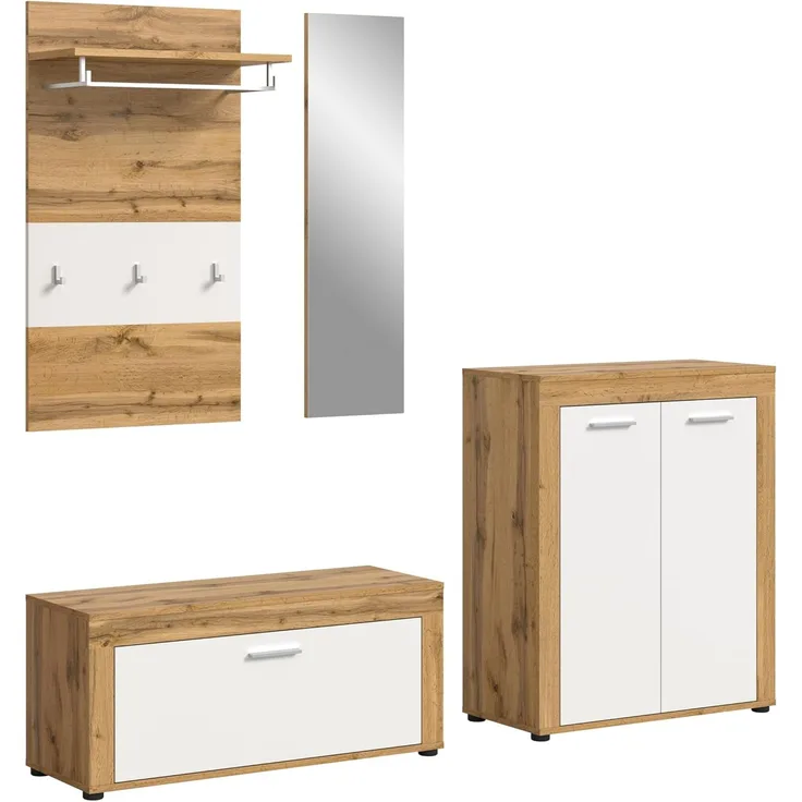 xonox. home Garderobe Jam X8BK6G03 Garderobenkombination Garderoben-Set in Wotan Eiche Nb, weiß, ca. 200 x 191 x 35 cm