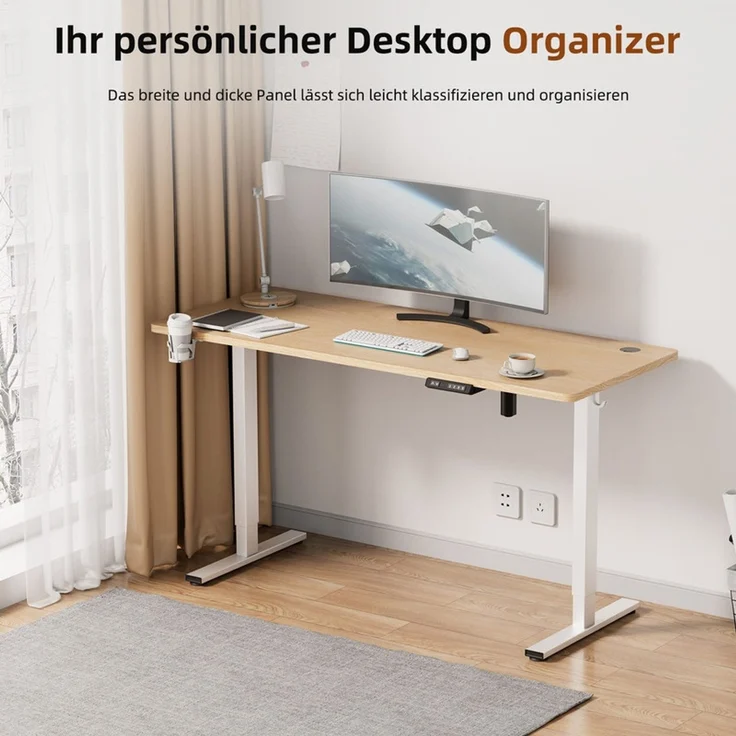 HOMAVO höhenverstellbarer Schreibtisch 70×140 cm, mit Memory- und Anti-Kollisionsfunktion, USB-A- und USB-C-Anschlüssen, Höhe 70–120 cm, Natu – Bild 2
