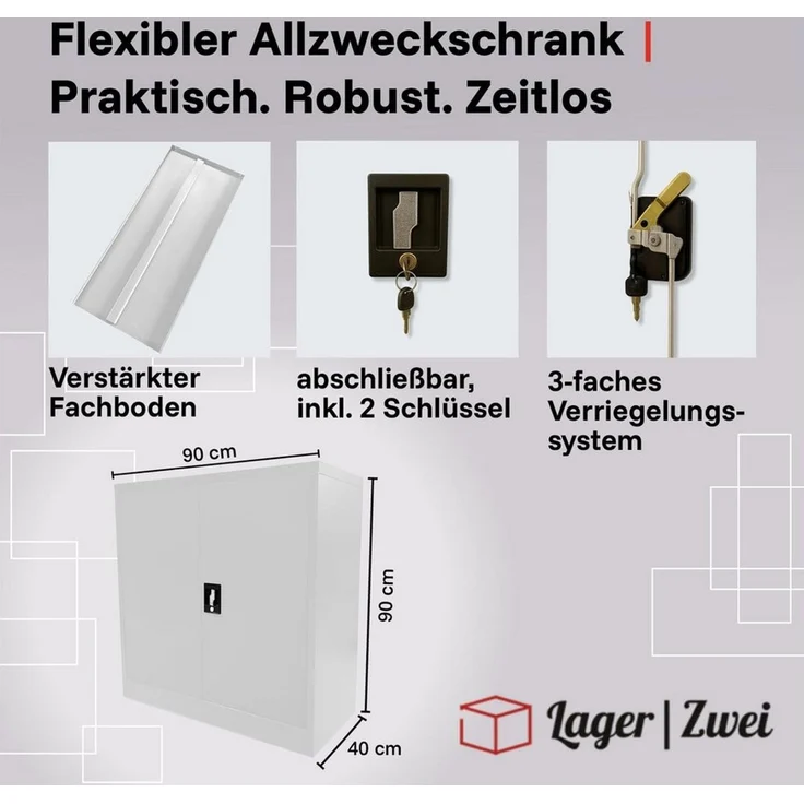 LagerZwei Aktenschrank Stahlschrank 90x90x40 cm (1-St) 3-fach verriegelt, 1 höhenverstellbarer Boden, Flügeltüren 130° – Bild 3
