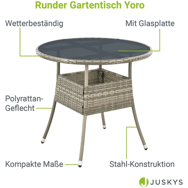 Juskys Polyrattan Gartentisch Yoro wetterfest - Balkontisch Ø 80 cm rund - Rattan Beistelltisch mit Glasplatte - kleiner Tisch für Balkon - Grau – Bild 2