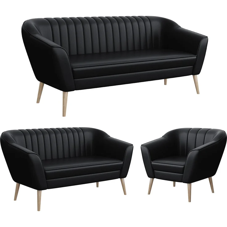 MEBLINI Sofa-Set KAIA 3+2+1 - Schwarz Kunstleder - für Wohnzimmer - Mini Lounge für sechs Personen - Küchensofa - Sofa Klein - Sitzgarnitur - Polstergarnitur - Sofagarnituren – Bild 1