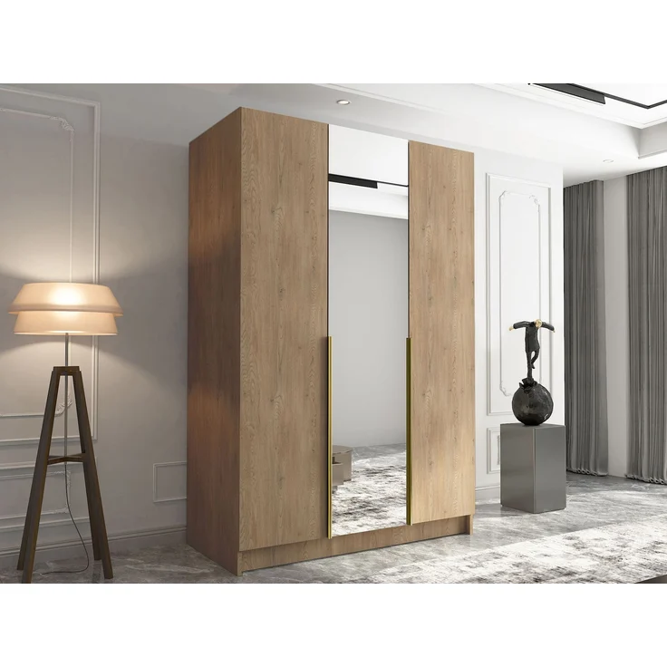 Drehtürenschrank Cikzori II, Kleiderschrank mit 3 Türen, Frontspiegel (Farbe: Eiche Cremona / Eiche Cremona + Gold) – Bild 3