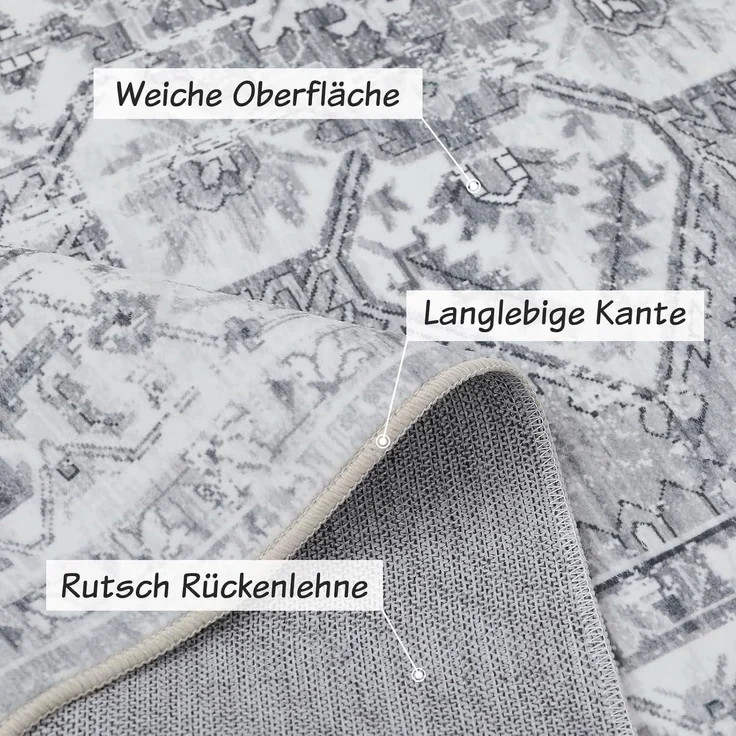 Boho Teppich Kurzflor Waschbar Weich Rutschfest Vintage Grau 160x230cm – Bild 5