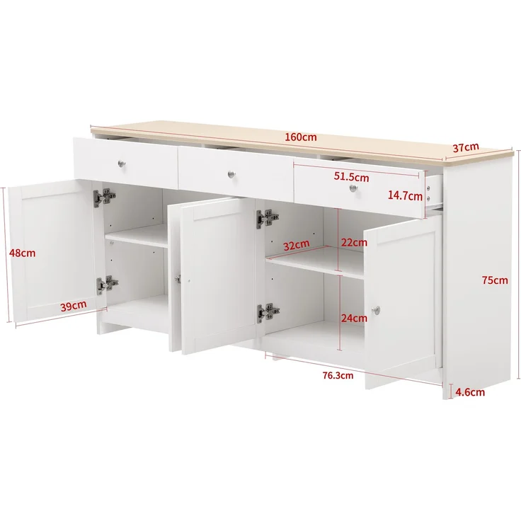 DESVIAE Sideboard mit 3 Schubladen und 4 Türen, 160x75x37 cm, MDF und Spanplatte, Weiß/Holzfarbe – Bild 10