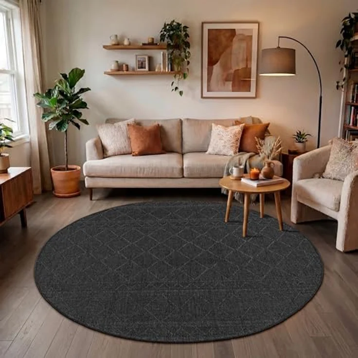 Paco Home In-& Outdoor Teppich Balkon Terrasse Küchenteppich Modernes Boho Ethno Muster, Grösse:200 cm Rund, Farbe:Anthrazit 2 – Bild 2