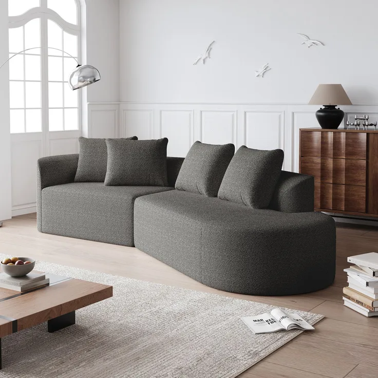 Sofa, Modernes gepolstertes übergroßes Ecksofa 4-Sitzer geschwungene Wolkencouch mit 4 Zierkissen frei kombinierbar, Chenille, Beige