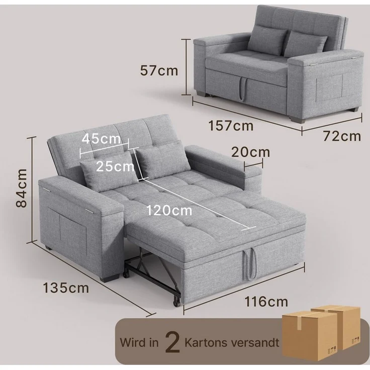 Blishom Schlafsofa 2-Sitzer-Sofabett mit verstellbarer Rückenlehne, Ausziehbares mit Kissen und Seitentasche Armlehne mit Staufach – Bild 2