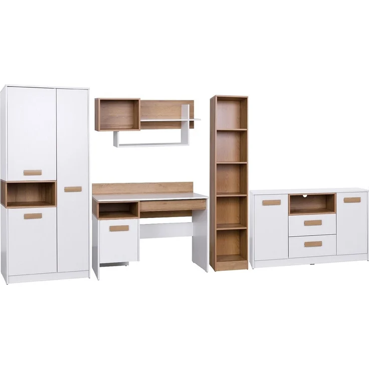 Marmex Möbel Grant Set-07B Jugendzimmer Komplett-Set 5-teilig mit Kleiderschrank, Kommode, Schreibtisch, Wandregal, offenes Regal, Kinderzimmermöbel mit Schreibtisch, laminierte Spanplatte, Kleiderstange, weiß+riviera Eiche, 365,5x195x55 cm – Bild 7