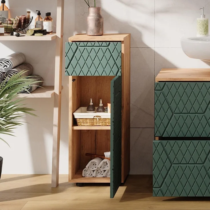 Midischrank Irma Grün/Goldkraft Eiche 30 x 81 cm mit 1 Schublade, 2 Fächer, Badezimmer Vicco – Bild 5