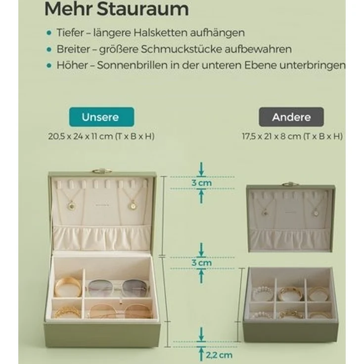 SONGMICS Schmuckkästchen 2 Ebenen, Schmuckkasten mit Griff, flexibles Schmucktablett, Schmuckbox, Schmuckaufbewahrung, schwebender Effekt, 20,5 x 24 x 11 cm, Weihnachten, lorbeergrün JBC165C02 – Bild 3