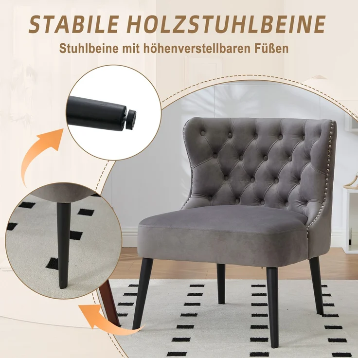 Polsterstuhl mit handgefertigter Nietenverzierung, luxuriösem Diamant-Knopf-Design und rutschfesten Füßen,Grau – Bild 8