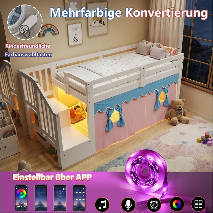 Flieks Kinderbett, Halbhohes Bett 90x200cm mit Verdunkelungsvorhänge und LED-Lichtleiste – Bild 4