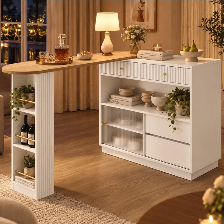 Ausziehbarer Bartisch mit Stauraum und LED-Beleuchtung, 360° drehbar, 183×30×100 cm, Weiß