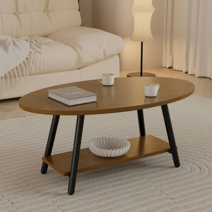 Hawthyhome Runder Beistelltisch 2-stöckiger Couchtisch mit Stauraum, ovale Tischplatte, Massivholz & Metallrahmen, moderner Industriestil, wasserdicht & verschleißfest, schnelle Montage, für Wohnzimmer & Schlafzimmer, Gelb – Bild 1