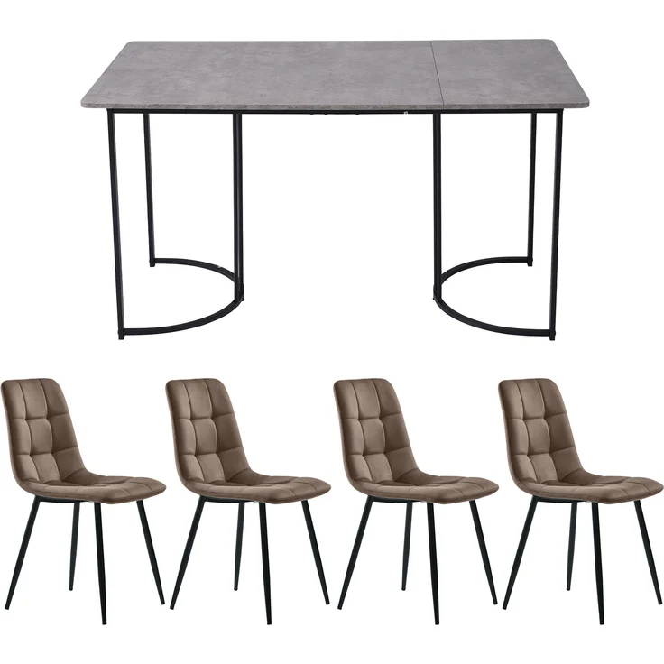 Essgruppe 5-tlg, Esstisch 140x80x75 cm & 4 Samtstühle in Grau/Schwarz & Braun – Bild 4