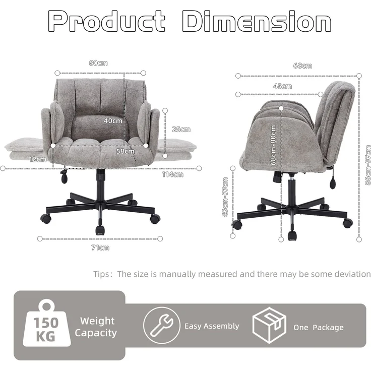 Faumrta Bürostuhl, Drehstuhl, Schreibtischstuhl mit Rollen, drehbar Bürostuhl with foldable Armlehnes, Belastbarkeit 150kg, h?henverstellbar, grauStoff60cm*68cm*86cmGrau – Bild 3