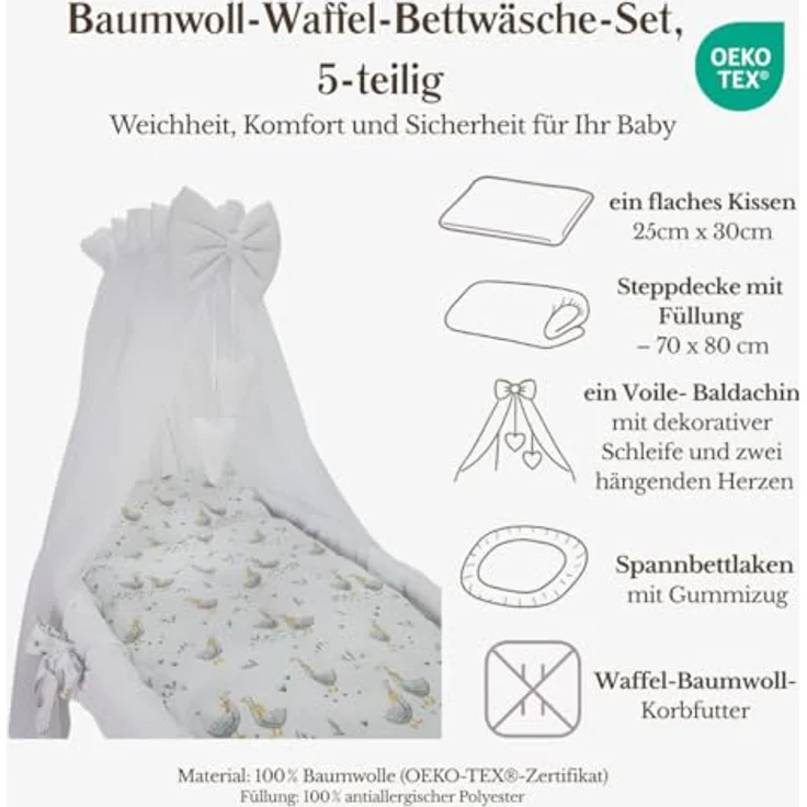 Wiklinopol Stubenwagen aus Weide mit Baldachin und Gestell Lena – Moseskorb in Natur, Komplettset mit 5-TLG. Waffel-Bettwäsche Gänschen Weiß – Mit Rollen, Tragbar, Sicher – Bild 6
