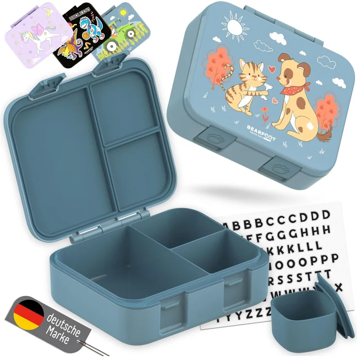 BEARFOOT Bento Box COMPACT Kinder Brotdose (Hund&Katze-blau, 1.000 ml) | BPA-frei, auslaufsichere Lunchbox mit Fächern, für Schule & Kindergarten, für Mädchen & Jungen, leicht & kompakt