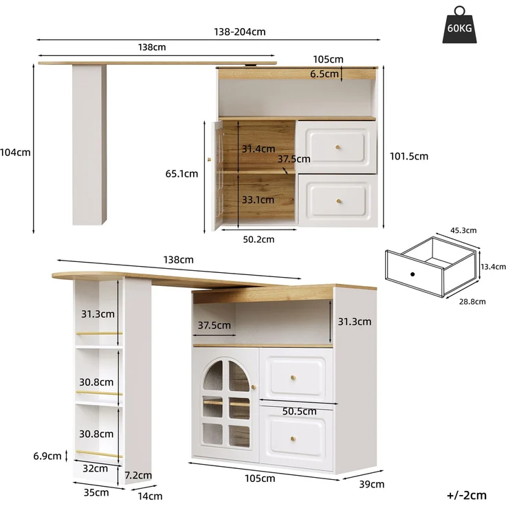 Stehtisch ausziehbar MDF Glastür Schubladen Snackregal 360°-Drehbar Sideboard Küchenwagen Wohnzimmertisch – Bild 8