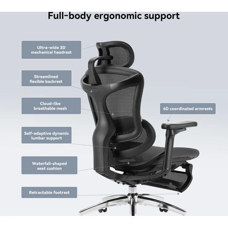 Sihoo 'Doro C300L' ergonomischer Schreibtischstuhl, Mit Fußpedal, 126 x 78,5 cm, in Schwarz – Bild 2
