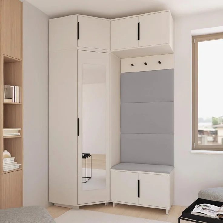 Garderoben-Set Napoli Version 19: Eckschrank mit Polsterpaneelen, Schuhschrank und Schrankaufsatz Flur und Eingangsbereich (Cashmere/Trinity 14), 229 x 70 x 140 cm – Bild 7