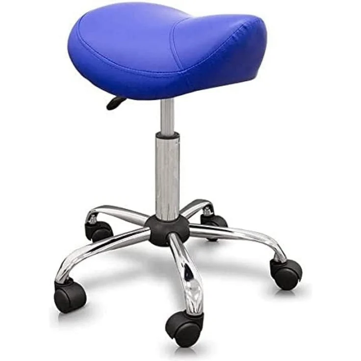 QUIRUMED Pony-Hocker, ergonomisch, mit Stahlgestell, Blaue Farbe, Kunstlederpolsterung, höhenverstellbar, gepolsterter Sitz, drehbare Räder, bis 150 kg, Blau – Bild 1