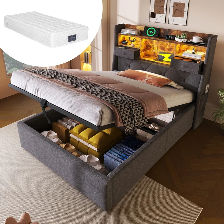 Polsterbett 90x200 mit LED-Stimmungslicht, USB & Typ-C Ladeanschlüssen, Stauraum, Kopfteilregal, Stofftaschen, inkl. Matratze – Bild 1