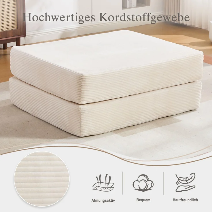 Cord-Kompressionshocker – weich, hautfreundlich, 2 dicke Schaumstoffblöcke für hohen Sitzkomfort, Ausklappbar zum Einzelsessel – platzsparend, vielseitig, frei kombinierbar – ideal für jeden Raum.--Beige--109x95x43cm--YOUDENOVA – Bild 5