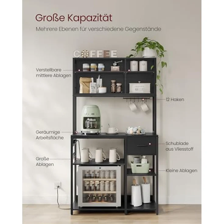 VASAGLE Küchenregal mit Steckdosen, Standregal, Mikrowellen-Regal, verstellbare Ablagen, Stoffschublade, 12 Haken, 40 x 100 x 180,4 cm, für Mikrowellen, Küche – Bild 5