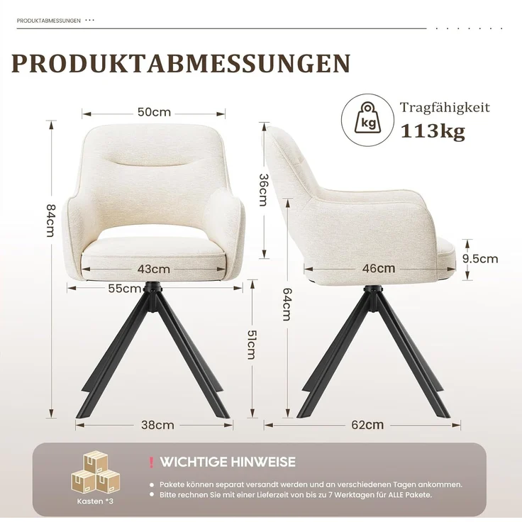 COLAMY Drehbare Esszimmerstühle 6er Set mit Armlehnen, Drehbare Polsterstühle für Küche & Esszimmer aus weichem Florstoff mit Metallgestell und Rückenlehne, für Esszimmer, Küche, Büro,Beige – Bild 3