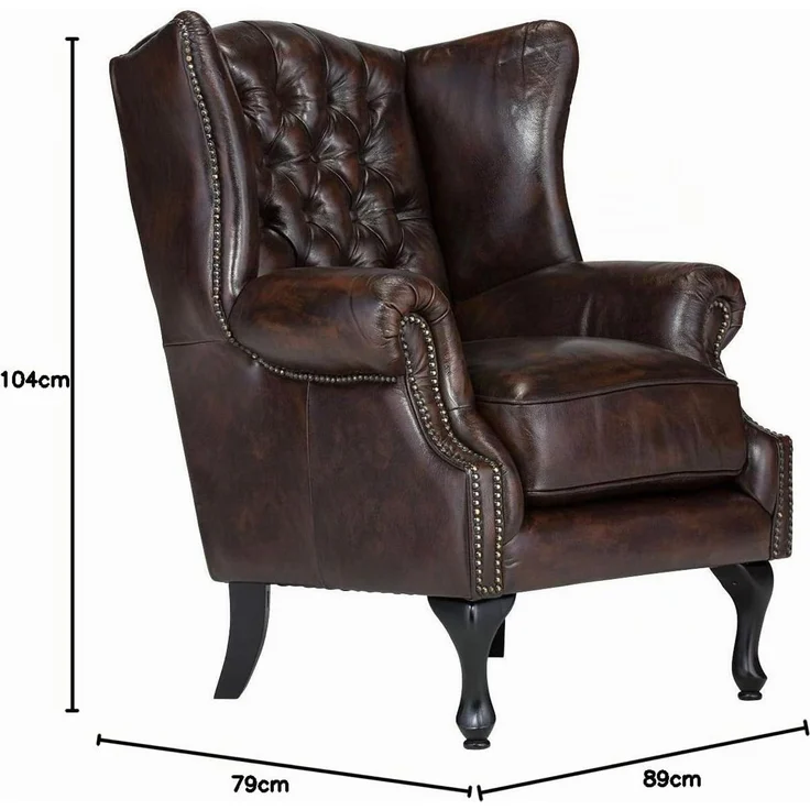 Chesterfield Ohrensessel Echtleder braun antik Woodkings Pittsfield Ledersessel Lesesessel Herrensessel Loungesessel 80x104x75 cm – Bild 3