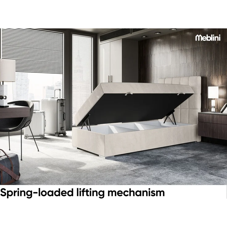 MEBLINI Boxspringbett LUKAS 90x200cm Rechts - H3/Beige Samt - mit Bettkasten - Gepolstert Einzelbett mit Topper & Taschenfederkern-Matratze – Bild 3