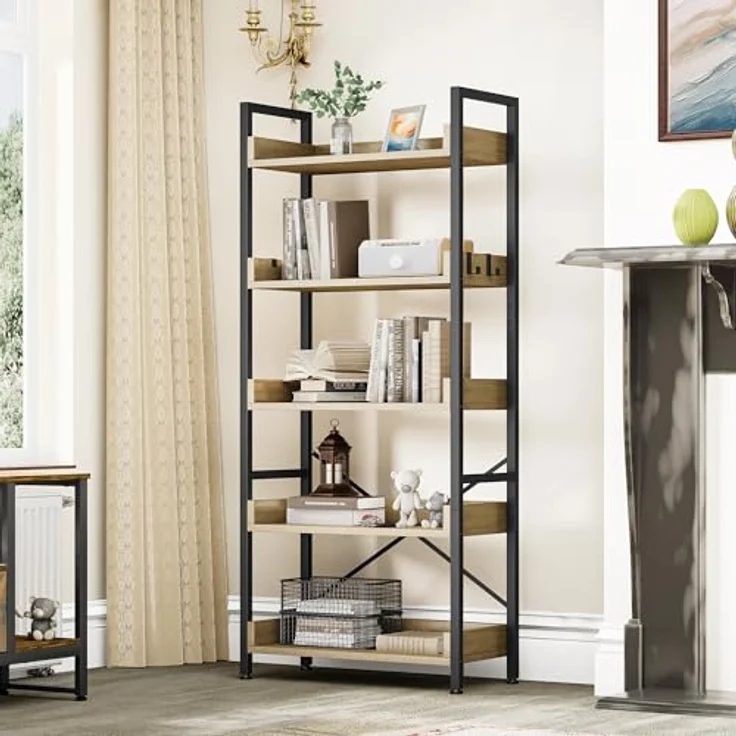 YITAHOME Bücherregal mit 5 Ebenen, hohes, schmales dünnes Holzregale, Holzregal, industrielle Aufbewahrungseinheit für Wohnzimmer, Home Office – Eichenfarbe – Bild 6