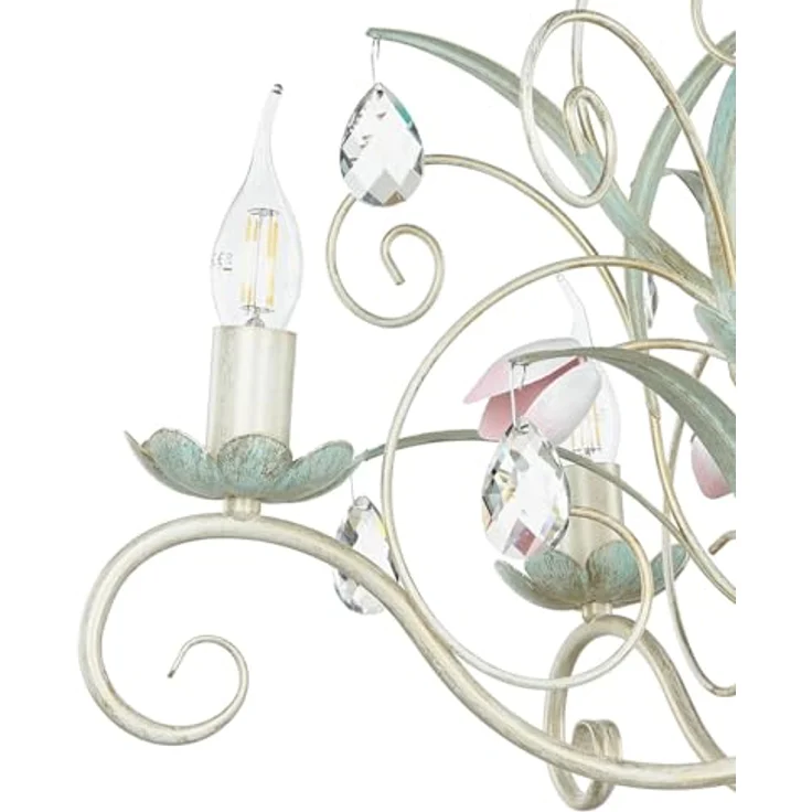 Licht-Erlebnisse Luce Pendelleuchte, florales Design mit handbemalten Verzierungen, höhenverstellbar, E14 Fassung, Rosa-Grün – Bild 5