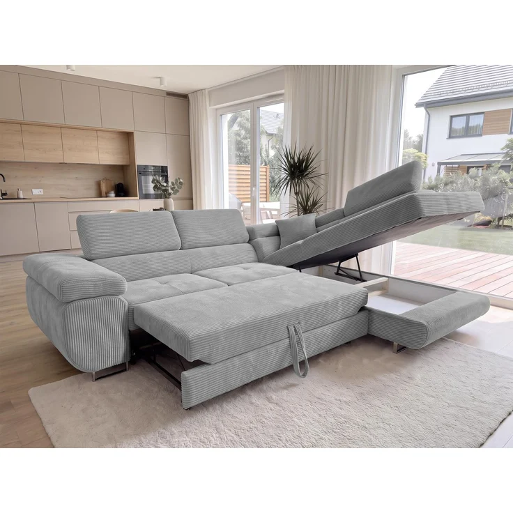 AX LIVING Konak Cord-Schlafsofa R Hellgrau 276 cm breit – Bettkasten & Kopfstützen – Bild 3