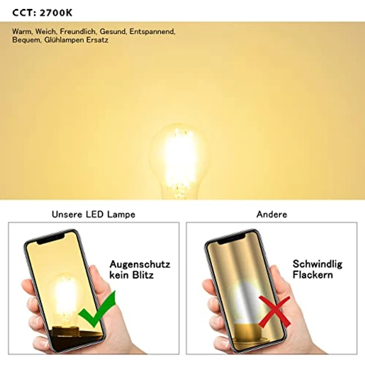 LVWIT E27 Warmweiß 6.5W Filament LED Glühbirne A60, 2700K, 806 lm, Rustikalampe, 6er Pack – Bild 3